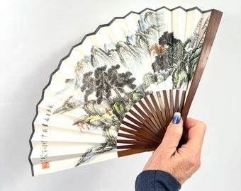 Vintage wood and paper folding fan – landscape art, calligraphy, 38cm