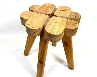 Wooden Stool, Swedish Mid Century Furniture, Clover Seat, Rustic Scandinavian Design