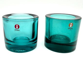 Iittala Kivi Tealight Candle Holders (Set of 2) - Heikki Orvola Green Glass Art