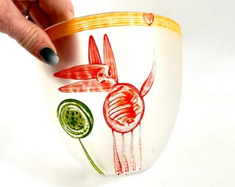 Handgeschilderde glazen kom, Zweeds hondendecor, Sea Glasbruk Lena Engman