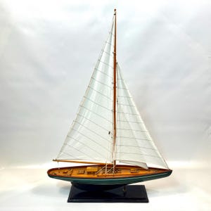 Vintage Wood Model Sail boat : Handcrafted Yacht, Nautical Decor (87cm with Stand)