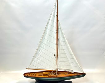 Vintage Wood Model Sail boat : Handcrafted Yacht, Nautical Decor (87cm with Stand)