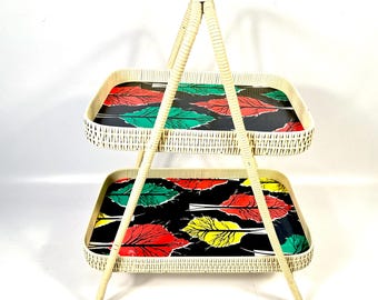 Two Tier Serving Tray, Mid Century Rattan Stand, 1960s Kitchen Decor