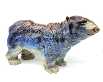 Mid-Century Studio Pottery Bear, Hand-Glazed Blue & Earth Tones, 34 cm