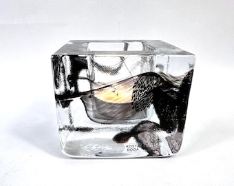 Kosta Boda Brick glass votive tealight holder, Vintage Swedish Black Ice block candle holder