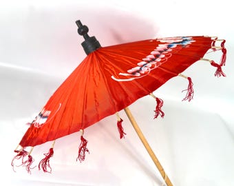 Vintage Red Silk Parasol – Hand-Painted Floral Design, 1950s Oriental Decor