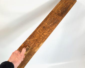 Antique Hand Carved Laundry Paddle – 1862 Folk Art, Rustic Primitive Wood Rug Beater