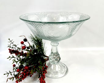 Glass compote bowl on pedestal – pressed clear glass, floral relief, mid-20th century