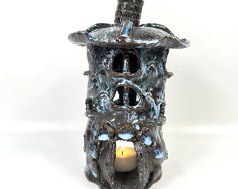 Vintage studio pottery troll house candle holder – sculptural blue glazed ceramic, mid-century design