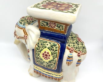 Vintage ceramic elephant plant stand – hand-painted oriental style decor, 28 cm