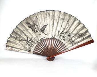 Vintage Japanese Wall Fan – Hand-Painted Cranes & Moon Scene, Bamboo Frame, 125cm