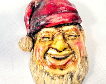 Vintage Chalkware Santa Wall Plaque – Hand-Painted Scandinavian Christmas Decor, 20 cm