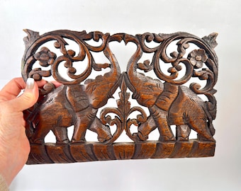 Vintage Hand-Carved Wooden Elephant Panel – Decorative Wall Art, 30cm