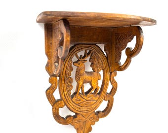 Antique Oak Wall Shelf, Hand Carved Stag Motif, German Black Forest