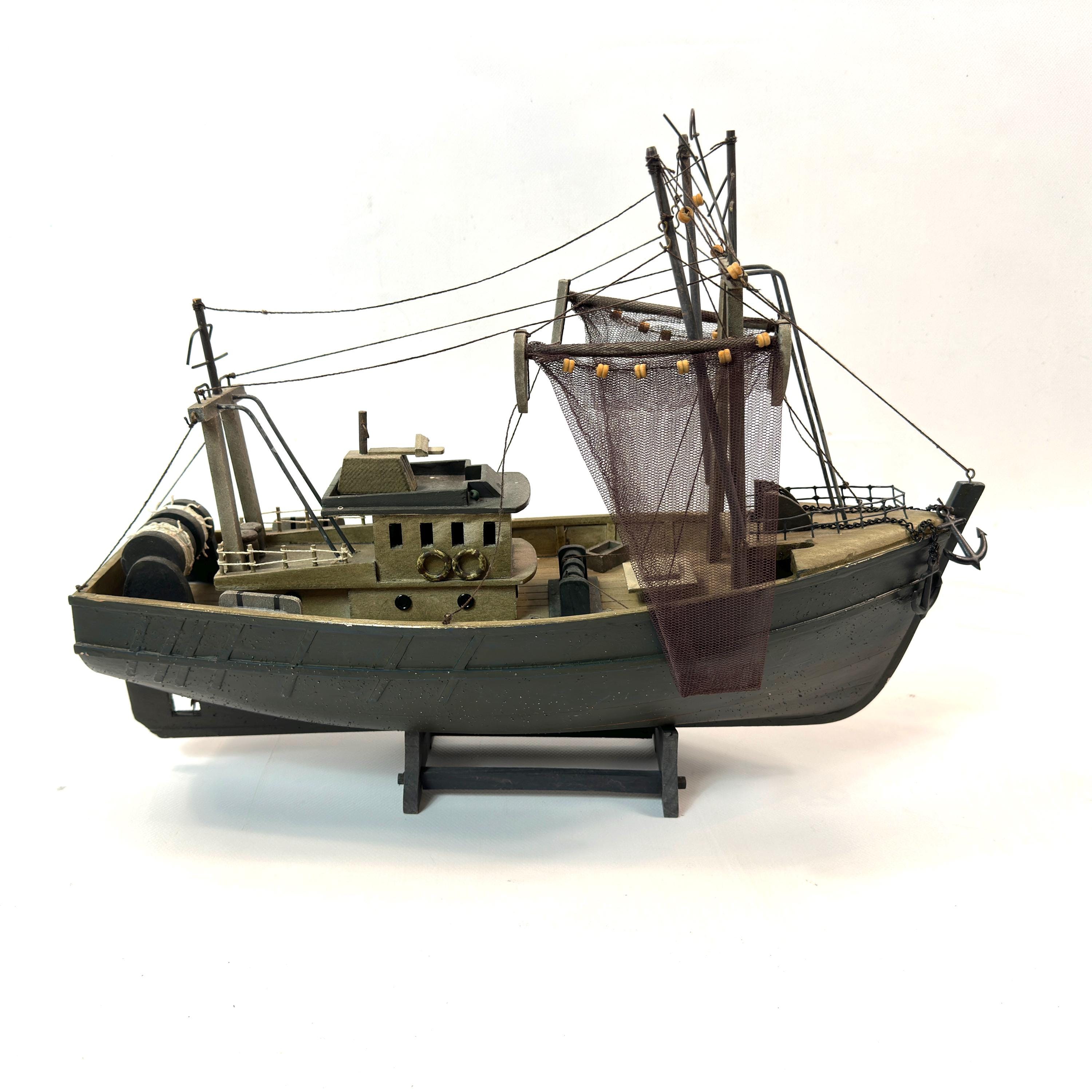 Vintage Wooden Model Fishing Boat – Handcrafted Sailboat With Fishing ...