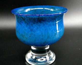 Kosta Boda Glass Bowl – Blue Pedestal by Bertil Vallien, Signed, 1970s