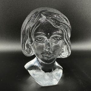 Art Glass Girl  - Mid century Swedish Glass paperweight Figurine - Vintage Sculpture bust statue