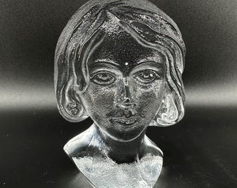 Art Glass Girl  - Mid century Swedish Glass paperweight Figurine - Vintage Sculpture bust statue