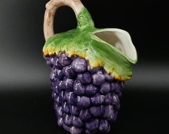 Vintage Bassano Italian Majolica Jug | Hand-Painted Blue Grapes & Vine Handle