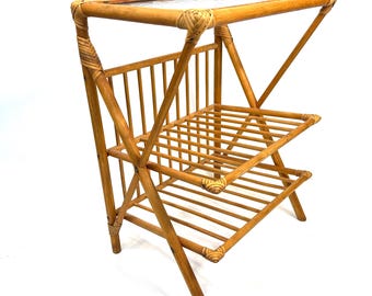Bamboo side table, glass top, scandinavian mid-century shelving