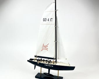 Vintage Model Yacht – 1970s Wood Sailing Boat, Nautical Decor – 57 cm