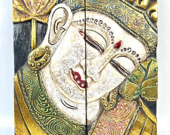 Wooden Buddha Wall Art, Carved Folding Panel, 39.5cm