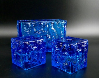 Blue Bohemian Glass Candle Holders and vase, Bark Texture