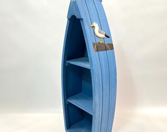 Nautical Wooden Boat Shelf – Blue Distressed Finish with Seagull Detail, Coastal Beach House Decor