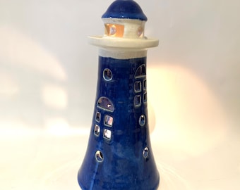 Ceramic Lighthouse Tealight Candle Holder – Coastal / Nautical Décor 24 cm