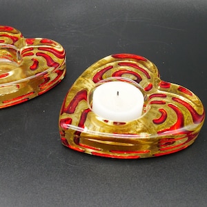 Vintage Art Glass Heart Shaped Tea Light Candle Holders - Set of 2 - Clear, Red, and Gold Glass Accents
