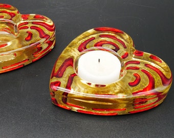 Vintage Art Glass Heart Tea Light Holders - Red & Gold Accents, Set of 2