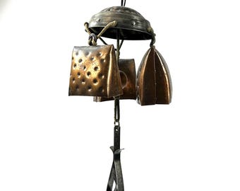 Wind Chime Copper Cow Bells  – Vintage  Metal & Wood Garden Decor | Rustic Hanging Bell Mobile