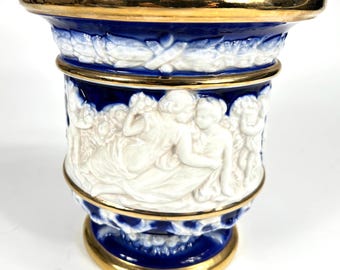 Large Blue and White Vase Planter | 1920s Italian Jardiniere with Raised Nudes and Cherubs | Vintage Elegance