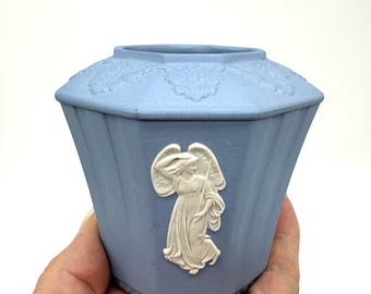 Vintage Wedgwood Jasperware Octagonal Vase – Blue & White Angel Relief – Made in England