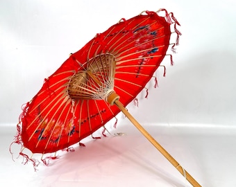 Vintage Red Silk Parasol – Hand-Painted Floral Design with Silk Fringe, 1950s Oriental Decor