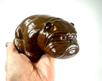 Vintage Ceramic Bulldog – Brown Glazed Dog Figurine with Glass Eyes, 1980