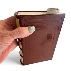 Puede incluir: Una petaca de cer&aacute;mica marr&oacute;n con forma de libro antiguo y acabado brillante. El lomo presenta bandas en relieve y detalles rectangulares de color crema. Un tap&oacute;n de rosca transl&uacute;cido y estriado se sit&uacute;a en la parte superior del recipiente.
