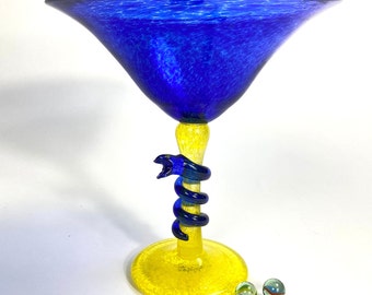 Art Glass Goblet – Blue & Yellow Snake Stem, Signed Swedish Glass