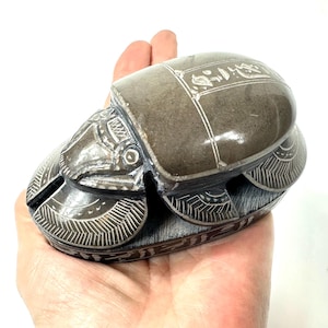 Hand-Carved Soapstone Scarab Beetle  – Large Vintage Egyptian Stone Amulet with Hieroglyphic Motif