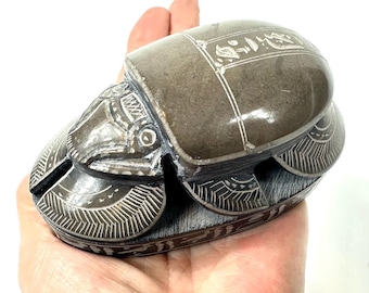 Hand-Carved Soapstone Scarab Beetle  – Large Vintage Egyptian Stone Amulet with Hieroglyphic Motif