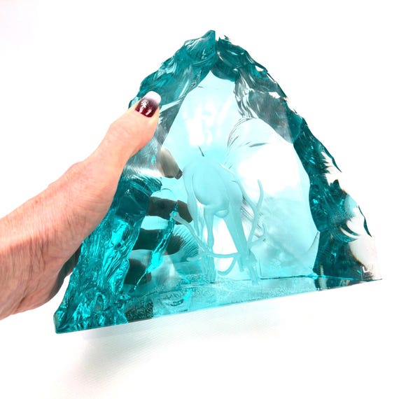 Art Glass Sculpture “Ice Block” with Engraved Deer – Kosta Boda, Signed & Numbered
