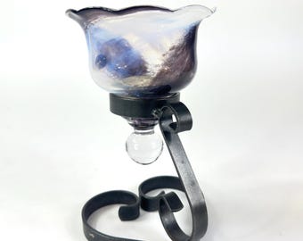 Vintage 1970s Swedish Art-Glass & Wrought-Iron Candleholder – Töreboda Smedjan Heart-Base with Swirled Lavender Cup