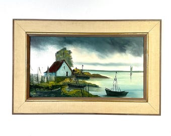 Vintage Scandinavian Oil Painting by Hartvig Jarlhov – Coastal Landscape with Boats – Mid-Century Framed Art