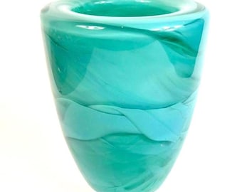 Art Glass Vase, Atoll Series, Turquoise Swirl, Kosta Boda Sweden, 19.5 cm