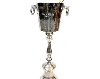 Champagne cooler on stand – vintage metal ice bucket, bar decor, 81 cm
