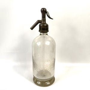 Vintage french soda syphon – etched glass siphon bottle,  lyon, early 1900s barware