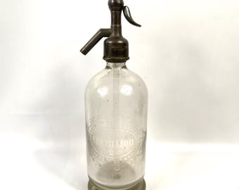 Vintage french soda syphon – etched glass siphon bottle,  lyon, early 1900s barware