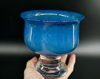 Kosta Boda Glass Bowl – Blue Pedestal by Bertil Vallien, Signed, 1970s