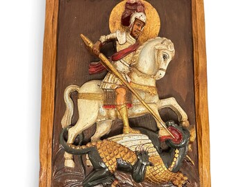 Carved Wooden Saint George and Dragon Relief, Hand Painted Religious Wall Art