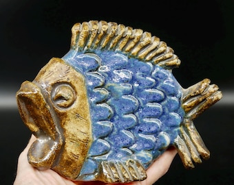 Vintage pottery fish sculpture by Willy Fischer. Mid century vintage, handmade in Sweden.